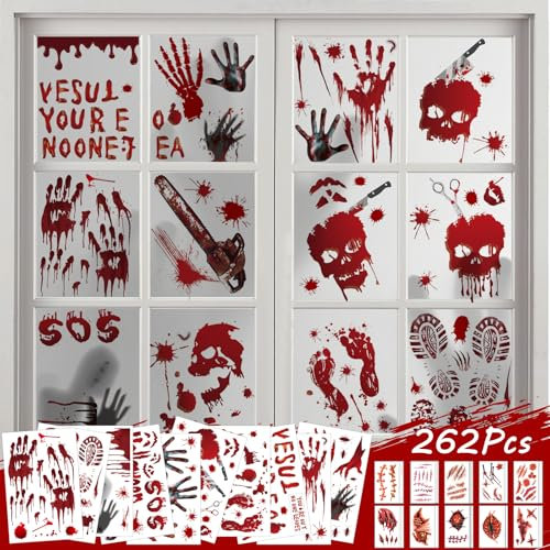 Halloween Indoor Window Stickers (10 Sheets/112 Pcs) & Wound Tattoo Stickers (30 Sheets/150 Pcs) - Blood Stickers for Door & Party Decorations