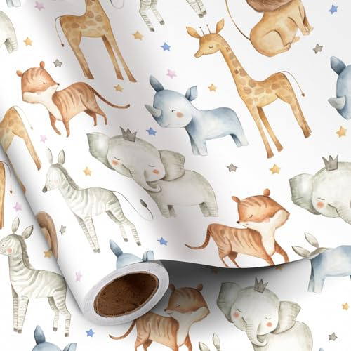 RUSPEPA Rotolo Di Carta Da Regalo Con Animali Della Giungla Per Bambini E Bambine, Mini Rotolo, Grazioso Design Safari Con Elefante, Giraffa, Zebra, Leone, Carta Da Regalo Per Compleanni, 43,2Cm X 5M