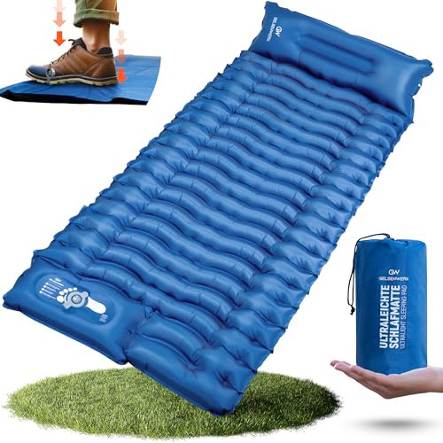 GELSENWERK® Isomatte Selbstaufblasend Ultraleicht 10cm & kleines Packmaß - Camping Luftmatratze mit Fußpumpe & Kopfkissen - Outdoor Schlafmatte isolierend für Wandern & Zelten