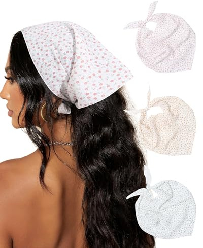 AWAYTR 3Pcs Hair Bandanas Head Kerchief for Women Girls Tie-Back Boho Hair Scarf Headband Bandana Triangle Head Scarf (Flower - Green + Yellow + Pink)