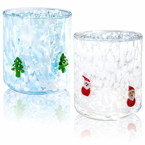 Wtruoy 2 Pcs Icon Glass Cups - 14 oz Santa Claus & Christmas Tree Juice Glasses, Hand-blown Glasses for Holiday Gifts Family Parties and Stylish Everyday & Party Glass
