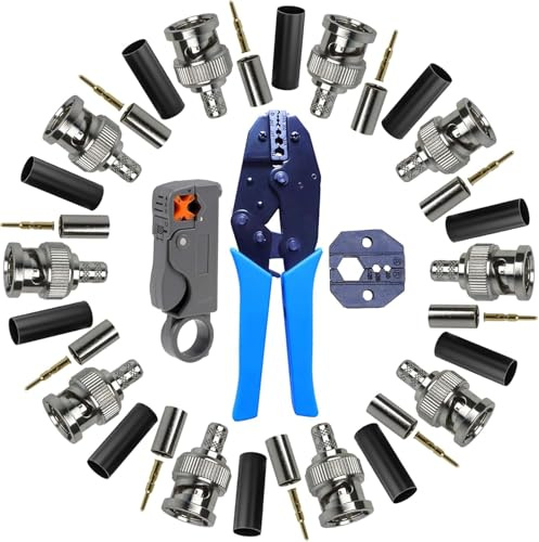 Kit de Connecteurs BNC RG58 et Pince à Sertir avec Matrices Interchangeables & Dénudeur Coaxial | 10 pièces Connecteurs BNC Mâle à Sertir et Pince à Sertir BNC pour Installations CCTV, Satellite & AV