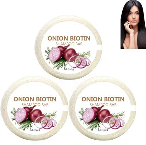 Onion Biotin Shampoo Bar, Cipolla Rosmarino Shampoo Bar per la crescita dei capelli, pulizia profonda e idratazione, uso nella doccia a casa e in viaggio, per tutti i tipi di capelli (3 pezzi)
