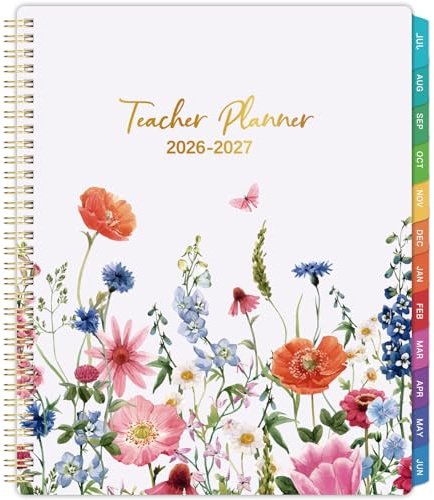 Teacher Planner 2026-2027 - Teacher Lesson Planner, Academic Planner 2026-2027, July 2026 - June 2027, 8.5 x 11, 26-27 Planner Weekly and Monthly, Lesson Plan Book for Teachers, Colorful Tabs, Inner Pocket - Flowers