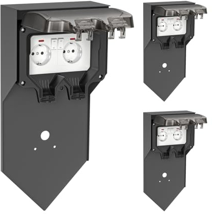 ledscom.de 3x POXO utomhusuttagspelare för trädgården, IP65, 2-uttags, rostfritt stål, antracit/svart, fyrkantig, 40 cm