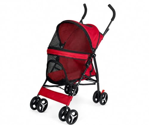 Passeggino per Cani e Gatti fino a 15KG – Pet Stroller Richiudibile con Rete Traspirante, 4 Ruote Girevoli e Cabina 44x30 cm, Ideale per Passeggiate, Viaggi e Piccoli Animali, Rosso/Nero
