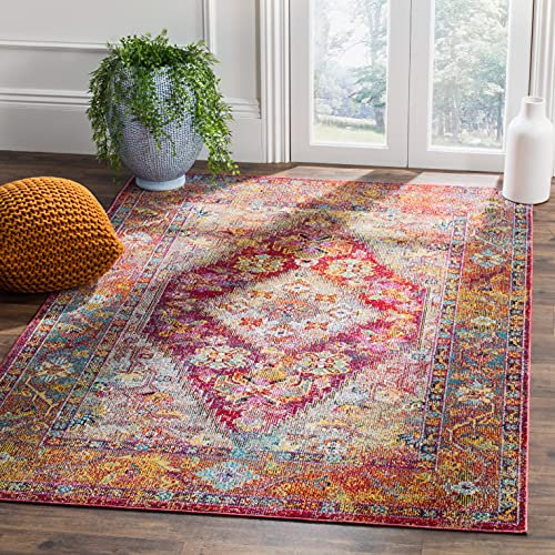 SAFAVIEH Boho Rug for Living Room, Dining Room, Bedroom - Crystal Collection, Short Pile, in Light Blue and Fuchsia, 122 X 183 cm