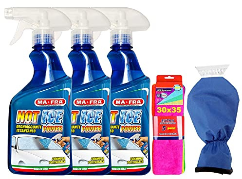 Ma-Fra Set 3 Confezioni Not Ice Power, Deghiacciante Liquido ad Effetto Immediato, 500ml Insieme Guanto Felpato con RASCHIA GIACCIO 35CM più 5 Panni Microfibra 30x35 cm.