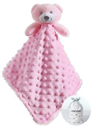 CREVENT Fleece Plush Baby Comforter Security Blanket for Baby boys and Girls, Mink Dot Front + Sherpa Backing with Animal Face (Pink Bear)
