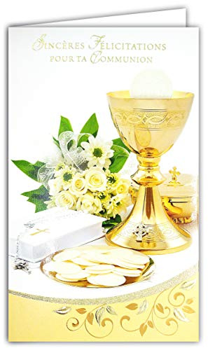 19-631 Carte Porte-Billet avec Enveloppe Félicitations pour ta COMMUNION en Or Doré Cuivré Brillant Osties Coupe Croix Catholique Chapelet Bible Fleurs Roses Blanches Fête Printemps