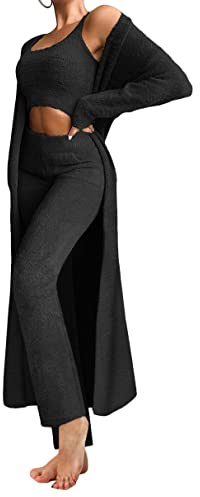 ticticlily Pigiama Donna 3 Pezzi Completo Tuta in Maglia Tops e Cardigans e Pantaloni Completi Sportivi Jogging Abbigliamento da Casa Tute Yoga Sherpa Set per Donna Autunnale