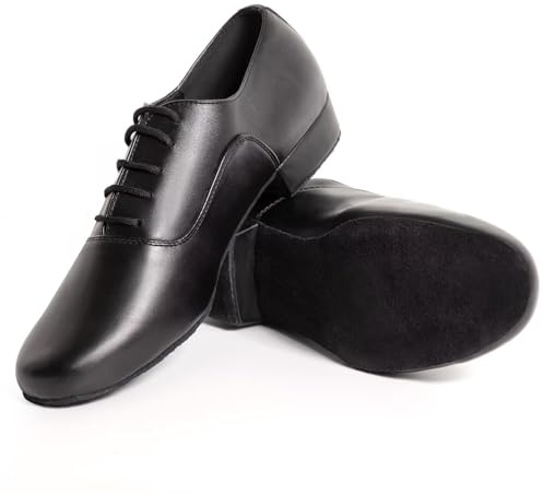 Asyusyu PU Leather Latin Shoes for Man,Comfortable Footwear,Breathable Lining for Dance Practice and Performances.US12,Matte Black