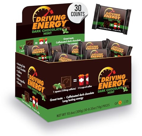 Driving Energy - Caffeinated Energy Bite Size - Dark Chocolate Mint Energy Fuel with 150mg Caffeine - Long-Lasting Energy for Gym, Workout, Adults - Great Taste - Low Carb - Healthy Snack - 30 Count