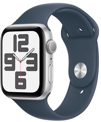 Apple Watch SE (2ª generazione, 2023) GPS 44 mm Smartwatch con cassa in alluminio color argento e Cinturino Sport blu tempesta - S/M. Fitness tracker, monitoraggio del sonno, Rilevamento incidenti