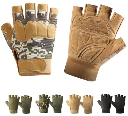 CubePlug Herr andningsbara vadderade fingerlösa motorcykelhandskar halvfingerhandskar för cykling vandring klättring utomhussport (Camo Tan, XL)