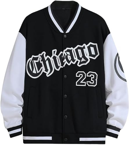 Vagbalena Giacca College da Uomo Vintage Street Letter Varsity Jacket Giacca da Baseball Stampata con Bottoni a Maniche Lunghe Giacca da Lavoro Autunnale con Blocco dei Colori (Nero,XL)