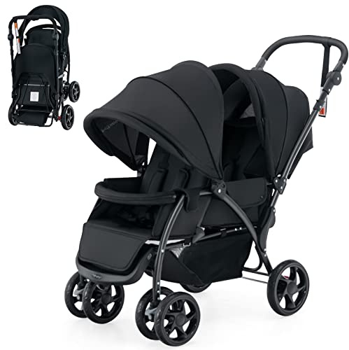 COSTWAY Carrito Gemelar Plegable, Silla de Paseo Doble Carga hasta 30kg, Sillita Doble para Gemelos con Cinturón de Seguridad de 5 Puntos, Respaldo Ajustable y Ruedas Bloqueables (Negro)
