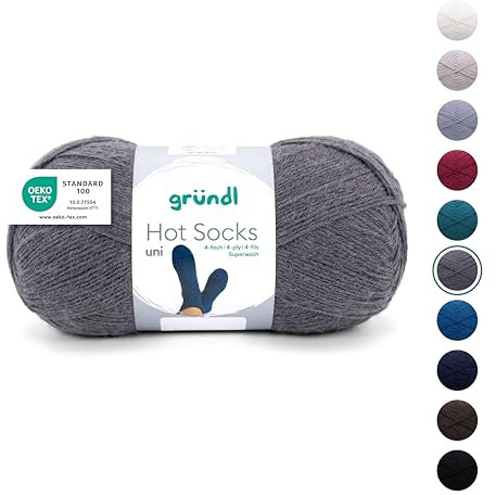 Gründl Wolle Hot Socks uni 100, Sockenwolle / Sockengarn 4-fach 1 Knäuel 100 g / 420 m (75 % Schurwolle (superwash), 25 % Polyamid), anthrazit