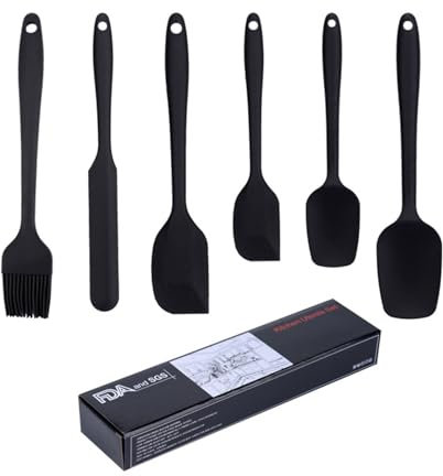 6-Piece Silicone Spatula Set: Silicone Scraper Set, Kitchen Baking Tools Including Scrapers, Spatulas, Oil Brush, and Spoon, Heat Resistant from -40 to 230°C, Suitable for Cooking and Baking (Black)