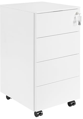 LVSTEEL Rollcontainer mit Schubladen, Mobiler Aktenschrank unter Schreibtisch, Abschließbarer Büroschrank, Druckertisch, 4 Schubladen 4 Schlüssel, Vormontiert, Büro, Homeoffice, Weiß