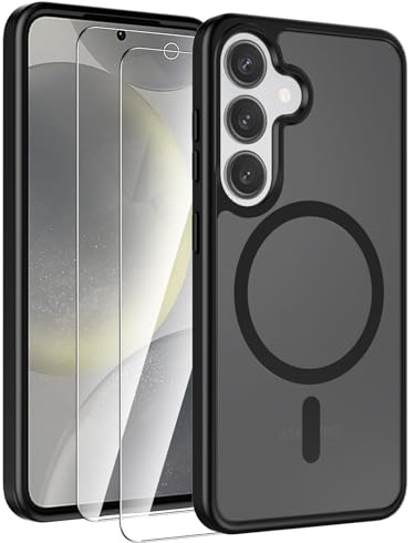 AOKUMA för Samsung Galaxy S25 magnetiskt genomskinligt matt fodral med 2-pack skärmskydd, stöder Magsafe. Stöttåligt skydd i militärkvalitet, trådlös laddning telefonfodral. Svart:
