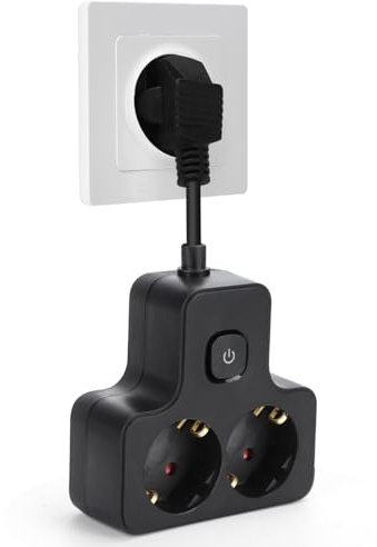 Aigostar Adapter med Strömbrytare 2 Uttag, Grenuttag med Barnsäkring, 16A, 250V, 0,05m Kabel Vit (1 Styck, 2 Schuko, Svart)