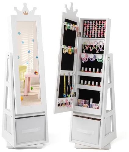GYMAX Armadio per Gioielli per Bambini con Specchio a Figura Intera, Portagioie da Principessa con Cassetto Pieghevole per Cameratta da Letto e Stanza dei Giochi, 31,5 x 30 x 119 cm (Bianco)