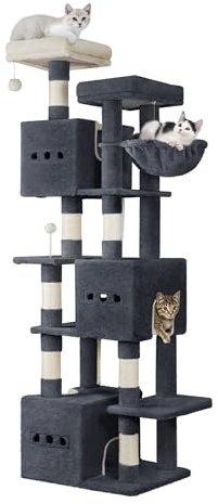Hzuaneri 193 cm Cat Tree, Large Cat Tower for Indoor Cats, Multi-Level Cats House Furniture with 2 Platforms, 3 Condos, 7 Scratching Posts, 1 Basket, 3 Caves, Pompoms, Dark Grey MS19218SG