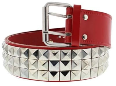 3-Row Pyramid Studded Belt, Red Leather with Silver Studs, Metal Buckle, Emo Goth Rock, Fancy Dress (Large)