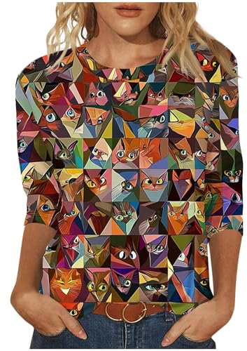 My Recent Orders Blouse for Women UK Cute Cats Print Tunic Tops 2025 Summer Fashion Round Neck Shirts Dressy Casual 3/4 Sleeve Tops Comfy Lightweight Loose Fit T-Shirt Going Out Tee