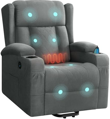 WOLTU Poltrona Elettrica Reclinabile, Sedia Massaggiante con Alzapersone, Riscaldamento, Poggiapiedi, Tasche Laterali, Porta USB, Portabicchieri, per Soggiorno, Tessuto Spugna, Grigio, SKS61gr