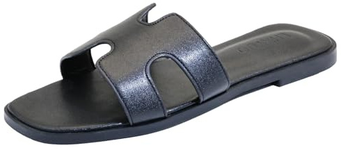 Sandali piatti da donna, pantofole in pelle comode e eleganti, scarpe piatte eleganti e alla moda per l'estate e l'autunno, scarpe casual con punta aperta, Nero , 41 EU