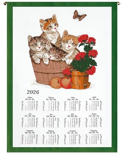 ggm Calendario in tessuto 2026 gatti – 45 x 65 cm – Calendario da parete in cotone – Calendario annuale sostenibile – Decorazione da parete decorativa – Poster in tessuto per cucina o ufficio
