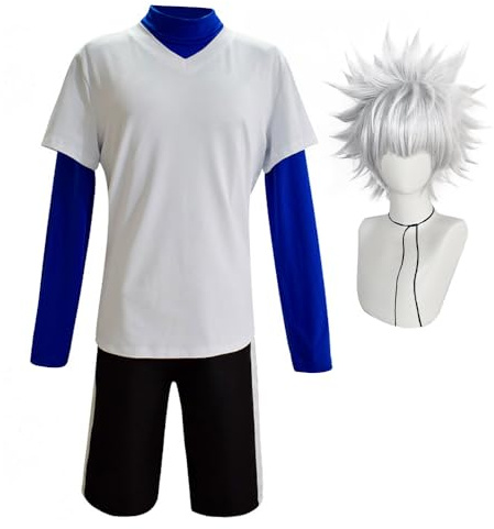 Gooyeh Killua zaoldyeck - Disfraz de cosplay de anime con pantalones cortos, conjunto completo de personajes de dibujos animados, uniforme unisex para Halloween, carnaval, cosplay (con peluca)
