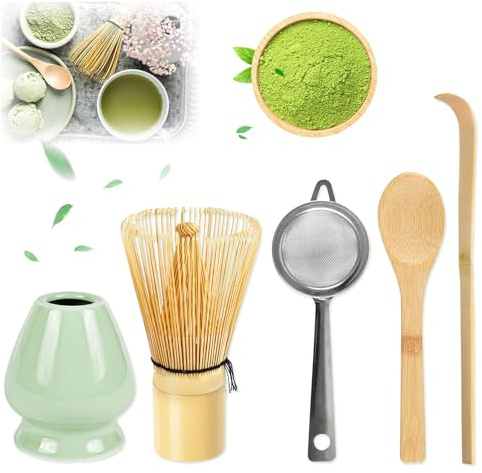 Matcha Set de 5 piezas Matcha Tea, Escoba Matcha Incluyendo el Whisk Matcha, Colador Matcha, Soporte para Escoba Matcha, Cuchara Matcha de Bambú, Es el mejor regalo para los amantes del matcha
