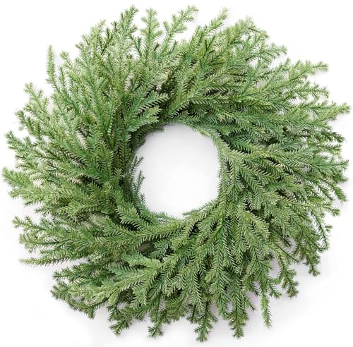 AMORISE 26 Norfolk Pine Wreath, Large Greenery Wreath for Front Door, Green Year Round Real Touch Artificial Wreath for Wall Porch Rustic Home Holiday Decor, with Lights, Red Bow, Bell, FF11