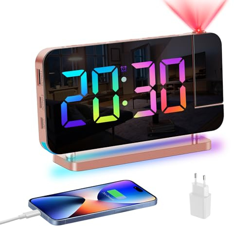 Venchin Sveglia con Proiettore Soffitto: 7.4 LED Sveglia Digitale da Comodino 180° Proiettore Tempo 10 RGB Luce Notturna 2 Modalità Allarme 2 USB Ricaricare 6 Luminosità 4 Volume Orologio Digitale