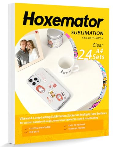 Hoxemator [24 Sets] Carta Sublimatica per Inchiostri e Stampante a Sublimazione + Carta Adesiva Sublimatica Trasparente, Impermeabile Carta da Trasferimento Termico per Tazze, Borracce, Custodia