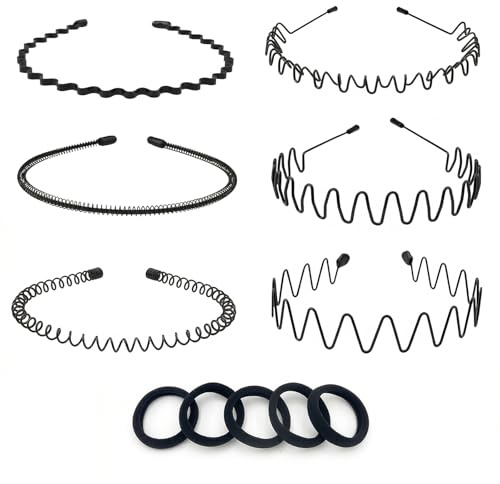 6 Pcs Hairband Mens Headband, Metal Hair Bands for Mens Hairbands | Non-Slip Black Fashion Wavy Zig Zag Headband Hair Hoop for Sports Outdoor Weddings, with 5 Elastic Hairs Ties