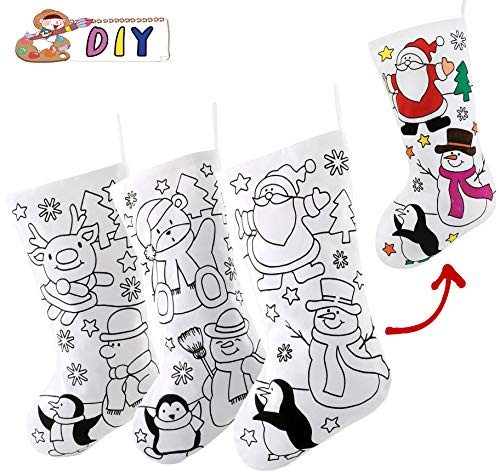 WEWILL 18’’ DIY Christmas Stockings Color Your Own Personalized Xmas Stockings Creative Gift Bag for Family Friends Home Holiday Decoration Santa Claus Snowman Reindeer Penguin, 3pcs