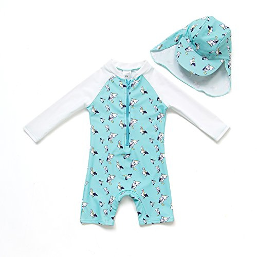 BONVERANO Traje de baño para bebé niño Trajes de baño de una Pieza de Manga Larga Protección UV 50+ Trajes de baño con Cremallera(Azul-pelícano,6-9meses
