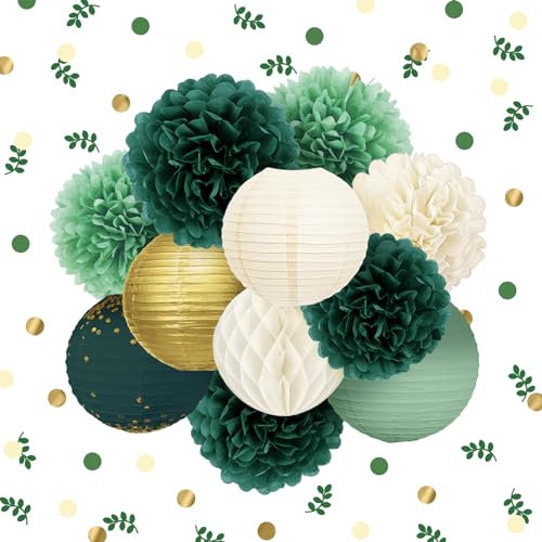 NICROLANDEE Hochzeit Party Dekoration -12 Stück Grün Seidenpapier Pompons Goldfolie Punkte Papierlaterne Deko für Brautparty, Geburtstag, Botanische Babyparty, Gartenparty Dekorationen