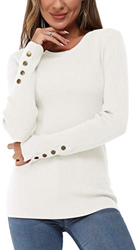 Newshows Long Sleeve Tops for Women UK Ladies Jumpers Button Solid Crew Neck Lightweight Knit Pullover Sweater Beige,XL