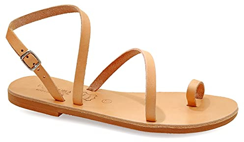 Emmanuela Sandales en cuir plats à la main grecs grecs, Chaussures d'été pour femmes avec une ceinture à boucle réglable, sandales à lanières à orteaux et de brassards à la cheville