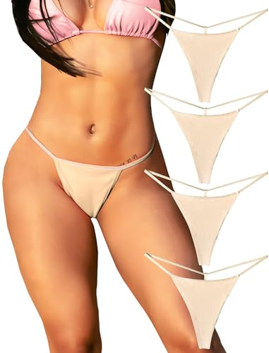 KUKU PANDA Cotton G String Thongs for Women T Back Gstring Underwear Seamless Panties Low Cut Comfortable Tangas Sexy Stringsthongs 4 Pack Set (Beige, Large)