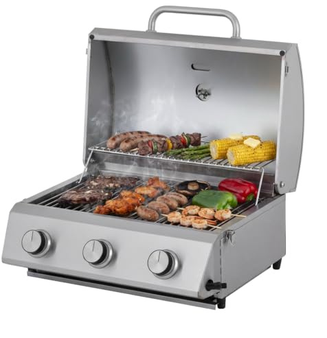 Tarrington House Tisch-Gasgrill CATHAN, 3-Brenner-Gasgrill, Grillrost edelstahl. Stahl/Edelstahl, Tischgrill für Outdoor, Balkon, Camping, silber