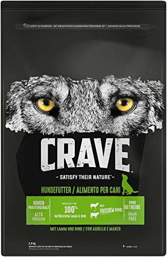 Crave Premium torrfoder med lamm och nötkött för hundar – spannmålsfri vuxen hundmat med hög proteinhalt – 3 x 2,8 kg