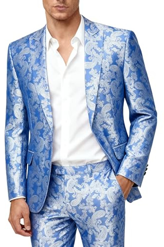 Mens 2 Piece Paisley Dress Suit One Button Party Wedding Blazer Pants Sets Blue