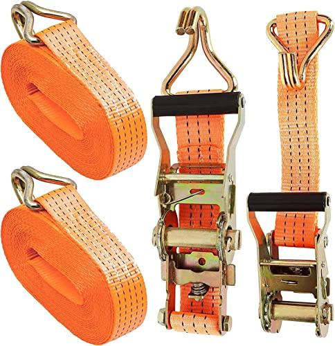 2 Sets Ratchet Tie Down Straps 5cm x 6m, 11000lb Break Strength, Heavy Duty Lashing Strap, Securing Straps with Handle and Metal J Hook for Trucks, Cars, Motorcycles – Orange