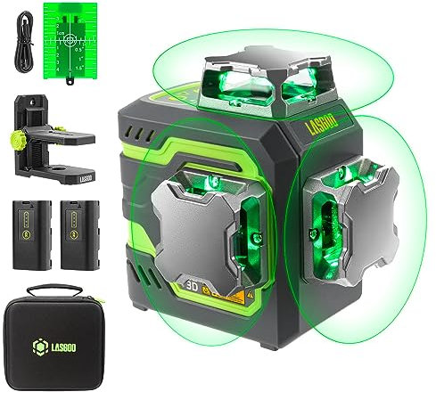 LasGoo LG-3D Niveau Laser Auto-nivelant 3x360°- Laser 3D à Faisceau Vert pour Construction et Alignements - 2 Batteries Rechargeables (20h) - Support Magnétique Rotatif et Relevable，Vert
